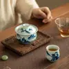 Xícara de Chá com Paisagem Pintada à Mão em Azul e Branco de Jingdezhen, Tigela de Chá de Grande Capacidade, Conjunto de Chá de Cerâmica Azul e Branco, Chá Kung Fu
