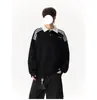 Sudadera con capucha de cuello polo a rayas estilo universitario americano para hombre, otoño invierno, bloques de color, peso pesado, bordado para adolescente, solapa, manga larga, moderna