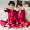 Comércio Exterior Pijama Infantil Imitação de Seda de Gelo para Meninos e Meninas Primavera e Outono Calça de Manga Curta Cardigã de Cor Sólida Gola Lapela Cetim Roupas de Casa