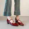 Zapatos Rojos de Estilo Francés de Primavera 2026 para Mujer, Nuevos Zapatos de Cuero Versátiles y Elegantes de Punta Cuadrada, Zapatos Mary Jane Retro de Tacón Grueso