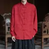 Camisa de manga larga jacquard con estampado oscuro estilo chino para primavera y otoño para hombre, con cuello retro de botones y diseño de traje Tang, prenda exterior holgada y casual