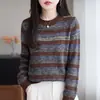 Suéter de Punto a Rayas Retro Color Block para Mujer Cuello Redondo Manga Larga Holgado Suéter Otoño Invierno Versátil Casual Top Básico