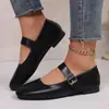 Sapatos Rasos Redondos com Tira e Fivela de Metal para Mulheres, Estilo Retrô, Sapato Mary Jane de PU Preto para Mulheres, 2026
