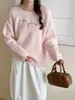 Suéter de Punto Redondo para Mujer, Estilo Suave Nuevo Invierno 2026, Bordado Floral con Perlas, Suéter Pulóver de Manga Larga Adelgazante