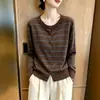 Cárdigan de punto retro a rayas con cuello redondo para mujer, nueva colección otoño 2026, talla grande, corte holgado, estilo juvenil y relajado