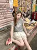 Traje Doce Feminino Verão Cinza Bordado com Laço no Ombro Camiseta de Manga Curta Saia de Renda com Bolinhas Conjunto de Duas Peças