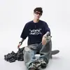Camiseta Estilo Americano Estampada Gola Redonda Manga Curta Masculina Verão Tendência Marca Versátil Casual Top High Street Solto Esportivo Manga de Cinco Pontos