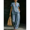Conjunto casual de 2 peças para mulheres, estilo europeu e americano, com decote em V e estampa geométrica, apresentando calças de perna larga com corte solto, disponível para vendas transfronteiriças