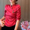Nuevo Top Chinoiserie Estilo Nacional para Mujer Rojo Jacquard Cheongsam Otoño Nuevo Vestido Ligero Manga Abullonada Traje Tang Camisa para Mujer