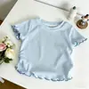 Camiseta de Manga Corta con Volantes Dulces para Niñas, Camiseta Base Elástica de Canalé Multicolores para Verano, Ropa Versátil para Niños, Una Pieza Dropshipping