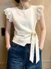 Top de design simples francês, único e bonito, off-white, camisa com manga borboleta para mulheres, top pequeno estiloso