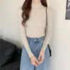 Suéter de malha fino de meia gola alta justa de manga comprida para primavera e outono, top suéter interno curto justo para outono e inverno, camisa de base feminina