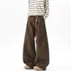 Calça casual desconstruída estilo retrô americano com amarração para homens, nova coleção de outono, corte solto, cor café, secagem rápida, calça de trabalho de perna larga