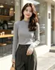 Camiseta básica de lã fiada em núcleo, duas peças, outono e inverno, nova, gola semi-alta, para mulheres, top de malha slim, gola média, manga longa, estiloso