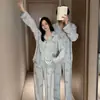 KXM Coleção Nova de Outono Love Island Início do Outono Algodão Tencel Roupa de Casa Masculino e Feminino Listras de Desenho Gola Conjunto de Pijama para Casal