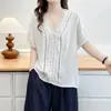 [Especial] Estilo de Verão Novo para Meninas Plus Size de 100kg: Top Casual Estiloso com Decote V e Renda nas Mangas Curtas Versátil 0388