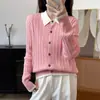 Cárdigan de punto de algodón puro para mujer, nuevo estilo otoño e invierno, imitación dos piezas, cuello polo, patrón trenzado, engrosado, corte holgado, abrigo suéter de bloques de color