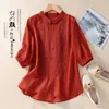 Camisa Holgada de Algodón y Lino con Bordado de Manga Tres Cuartos, Nuevo Estilo de Verano para Mujer, Top de Algodón y Lino con Diseño Artístico Retro