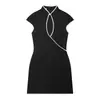 Vestido Midi de Gola V com Detalhe Colorido Contrastante, Slim Fit, Simples, Moda Europeia e Americana para Mulheres E5499