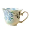 Taza de té de cerámica hecha en fábrica con mariposa blanca y bordado azul, Exquisita taza personal para beber con asa, Taza pequeña