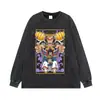 Camiseta negra clásica de manga corta, peso pesado, lavada y desgastada, con estampado infantil, marca de moda, hombros caídos, top inspirado en anime, manga corta
