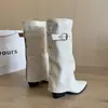 Botas largas de mujer con hebilla de cinturón, botas de cowboy vintage plisadas, punta fina, tacón grueso, adelgazantes, botas de montar apiladas, botas altas de vaquero occidentales