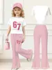 Versión coreana 2026 180g seda de leche nueva amigable con la piel transpirable absorbente del sudor conjunto de pantalones acampanados de manga corta estampados para chicas hip-hop
