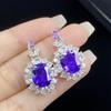 Conjunto de Anel Aberto Longo em Forma de Almofada Zircônia Roxo Profundo Full Diamond Simulação Real de Ametista Brincos Stud Pendentes para Mulheres