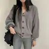 Corea del Sur Chic Otoño e Invierno Nuevo Suéter Holgado Versátil con Cuello en V Chaqueta Cárdigan Tejido de Manga Farol con Raya de Canalé para Mujer