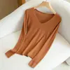Suéter de Punto Fino de Lana para Primavera y Verano con Cuello en V Ajustado de Color Sólido Top Versátil de Manga Larga Adelgazante Ropa para Mujer