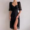 Europeu e Americano Transfronteiriço em estoque Verão Elegante Senhora Elegante Vestido de comprimento médio Francês Decote baixo Manga bufante Vestido com fenda