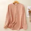 Tiroteo real 2026 Otoño Nuevo Camisa de Algodón y Lino Estilo Literario Japonés para Mujer Cuello Redondo Holgada Manga Larga Camisa Casual