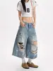 Shorts Jeans Rasgado Estilo Retro Americano Plus Size Feminino Perna Larga High-End Solto Modelador Hot Girl Estilo de Rua Calça Cropped