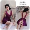 Camisón Morado de Encaje Transparente de Malla Sexy con Escote en V Profundo para Noche Larga 1147