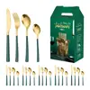 Mango cuadrado set de 24/30 piezas acero inoxidable juego de cubertería occidental cuchillo, tenedor y cuchara dorados estante de almacenamiento caja de regalo