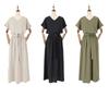 5 Colores en Stock Verano 2026 Nuevo Vestido de Longitud Media de Color Sólido con Cinturón, Cuello en V y Manga Corta, Estilo Coreano y Japonés