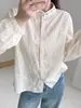 Camisa bordada suave estilo francés para mujer, de manga larga, blanca, cuello mao, top elegante y estilizado, blusa estilo jacquard