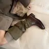 Botas de caña alta estilo celebrity, moderno diseño de patchwork de cuero con colores contrastantes, hebilla de cinturón de caña alta, botas de montar hasta la rodilla