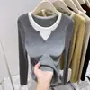 Camiseta Básica de Cuello en V Falsa de Dos Piezas Estilo Europeo para Mujer, Suéter de Punto Suave con Bloques de Color Estilo Ins Primavera 2026, Suéter de Punto Capa Interior