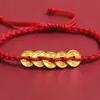 Pulseira de Dinheiro dos Cinco Imperadores Benmingnian Cordão Vermelho para Pressionar Limiar Tornozeleira para Homens e Mulheres Bronze Banhado a Ouro Pingente de Sorte com Dinheiro