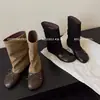 Botas de mujer de cuero vacuno de primera capa con plataforma, nuevas botas de otoño e invierno con punta redonda, lazo, tacón medio, bloques de color, hasta la pantorrilla para mujer