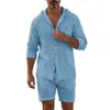 Moda Deportiva Nueva Europea y Americana Transfronteriza Conjunto Casual de Algodón y Lino para Hombre con Capucha, Color Sólido, Manga Larga y Shorts para Vacaciones en la Playa