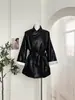 Jaqueta Externa de Couro PU de Renda com Cadarço de Comprimento Médio, Cool e Sexy, para Mulheres, Jaqueta Corta-Vento Preta Estilo Comuter Top