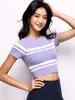 Camiseta Deportiva de Manga Corta Ultra-delgada Sin Costuras de Secado Rápido, Ropa de Yoga Ajustada, Top Transpirable de Rayas Estilo Diseñador para Mujer