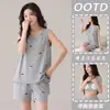 Pijama para Mujer Verano con Almohadillas en el Pecho Chaleco sin Mangas Shorts Delgado Verano Seda de Hielo Fresco Casual Ropa de Casa de Verano