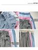 Calça Larga de Xadrez Azul Transfronteiriça com Bolsos para Mulheres, Calça Casual de Cintura Alta para o Verão com Efeito Drapeado, Solta e Relaxada para Caminhar