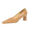 6186-1 Estilo Europeu e Americano Moderno Simples Salto Alto Salto Grosso Bico Quadrado Boca Rasa Couro Patente Brilhante Roupa de Trabalho Versátil Sapatos Femininos