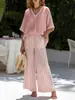 2026 Amazon Sitio Independiente Top de Manga Corta con Cuello en V y Estampado de Rayas Pantalones de Pierna Ancha Conjunto Casual Suelto de Dos Piezas para Mujer