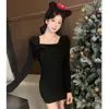 Conjunto Rojo Coreano Petite para Navidad y Año Nuevo Vestido de Punto con Lazo de Alto Gama para Mujer Otoño e Invierno