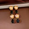 Brincos de Prata Banhados a Ouro 18K com Agulha de Prata, Flor e Franja, Brincos Vintage de Luxo Leve, Brincos Modernos e Elegantes para Mulheres